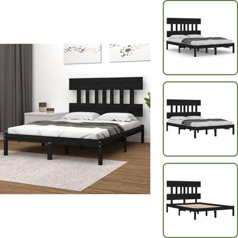 Cadre de lit sans matelas noir 140x190 cm bois massif - Cadre De Lit - Lit Double - Lit En Bois - Bois Massif - Tête De Lit