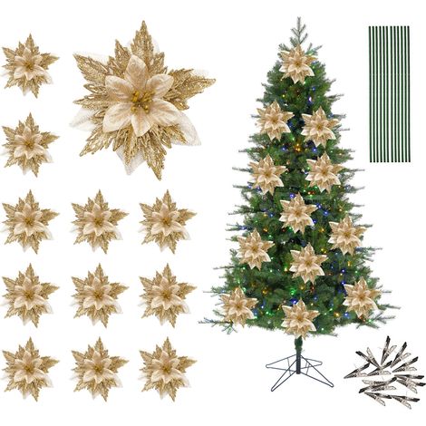 Set mit 12 künstlichen goldenen Weihnachtsbaumblüten, inklusive Stielen und Clips. (1/2)