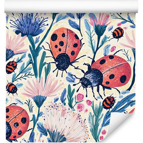 Papier peint coccinelles gris clair, bleu et corail 50x1000 cm (1/5)