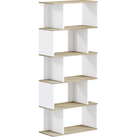 Libreria in stile nordico con 5 ripiani antiribaltamento, portata 25 kg, dimensioni 70x29,5x163 cm, colore rovere e bianco.