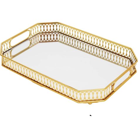 Bandeja de servir, construcción duradera de hierro y vidrio, elegante diseño dorado, Oro (1/2)