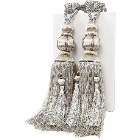 Lot de 2 embrasses de rideaux beiges à pompons suspendus, avec boucle et sangle tressée artisanale. (1/5)