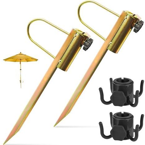 2Pcs Pied de Parasol Métal Adulte Unisexe avec Poignée & Haken, 42cm Support Douille de Sol Jardin, Supports Mâts Parapluie Diamètre Réglable 22-32cm, Ancre au Sol Parasols Piquer pour Terre, Sable (1/5)