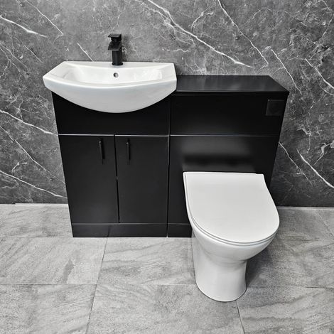 Black Bathroom Vanity Suite 1050mm with Matt Black Handles and Flush Button, With Tap
