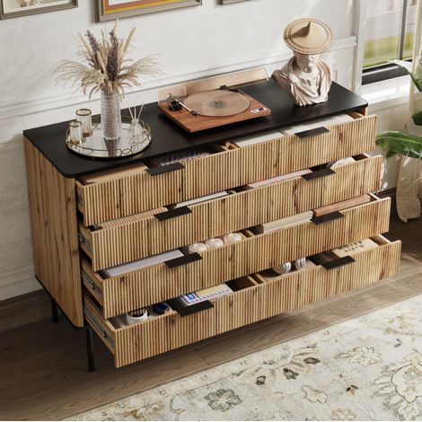 REDOM - Commode 120x39.5x80cm Rangement multiple design artistique MDF Noir et naturel (1/5)