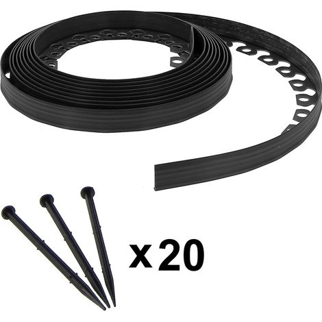 Gt Garden – Bordure de jardin flexible noire 3,8 cm – Longueur 10 mètres – 20 piquets d'ancrage en plastique – Forme personnalisable