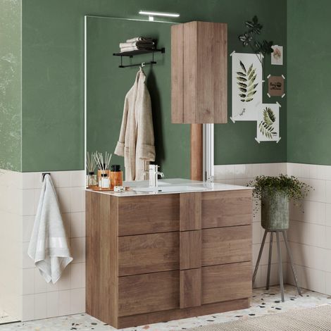 Meuble vasque en bois 80cm + vasque + miroir + colonne TERRA (1/5)