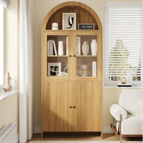 Buffet vitrine 78 x 40 x 176 cm avec portes en verre et rangement fermé, bois naturel DESVIAE (1/5)