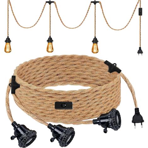 Douille De Lampe E27 6.8m, Suspendue Lustre Corde, Douille E27 Interrupteur, 3 Douille Fil Electrique Lustre Corde De Chanvre Câble Vintage Pour Maison, Chambre, Bar (1/5)