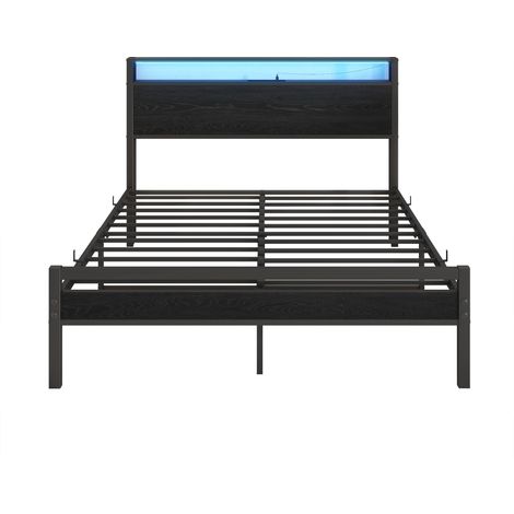 Lit 140x200 avec rangement – cadre métal, tête de lit avec tablette, lattes incluses – pour chambre d'amis (1/5)