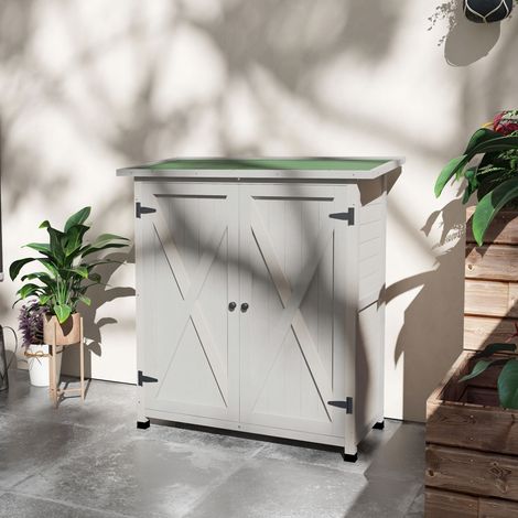 Casetta portautensili in legno con 2 ante, casetta da giardino con tetto in asfalto, 110 x 55 x 117 cm, grigio chiaro (1/5)