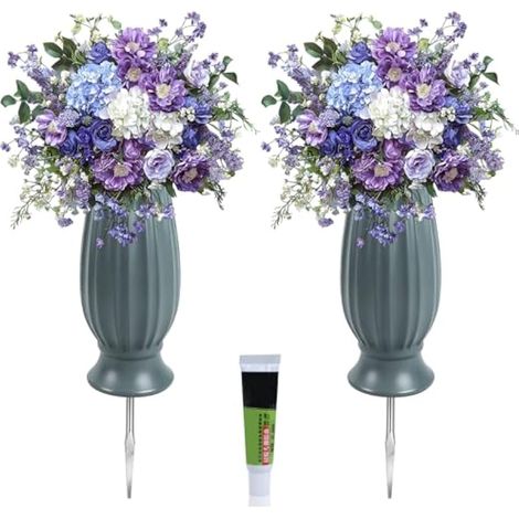 2 x Plastic Grave Vase for Grave Vases Outdoor Cemetery with Earth Stake for Graveyard with Metal Spikes for Funeral Decoration Memorial Gift (1/5)