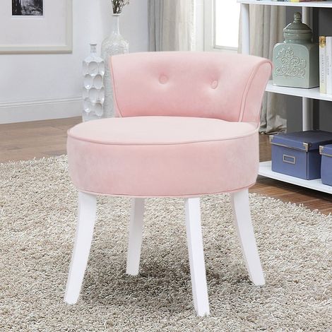 Velvet Vanity Stool Soft Seat Low Back with White Wooden Legs, Pink (1/5)
