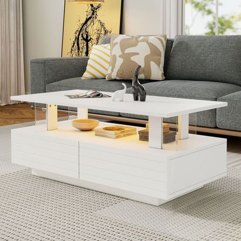 Table basse 100 cm, plateau acryl blanc table basse salon, rangement intégré, LED appli mobile (1/5)