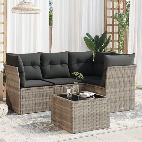 Set de sofás jardín y cojines 5 pzas ratán sintético gris claro