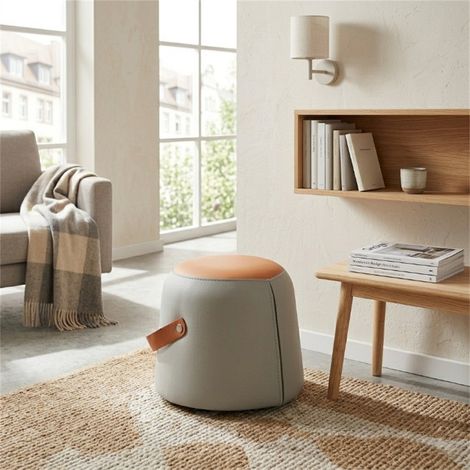 Pouf Tabouret de Rangement avec Poignée - 34.5x34.5x29 cm - Repose-Pieds Ottoman Rembourré en Simili-Cuir PU - Gris (1/5)