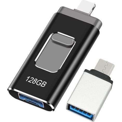 Clé USB pour iPhone 128Go, Certifiée MFi - Cle USB Lightnning 4 en 1 - Compatible iOS/Android/PC - USB 3.0 Haute Vitesse Branchez et Utilisez - pour Sauvegarde de Photos et Vidéos - Noir (1/5)