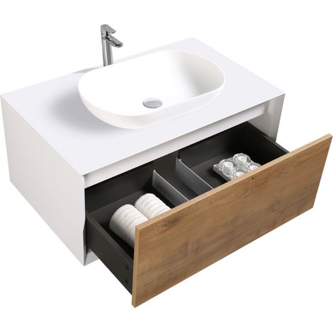 Waschtischunterschrank Bernstein Fiona 90cm Weiß matt Front Eiche-Optik (1/5)