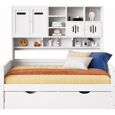 Lit banquette 90 x 200 cm avec 2 grands tiroirs, rangements multifonctions, sommier à lattes, structure bois blanc, idéal petite chambre – CHICFURN (1/5)