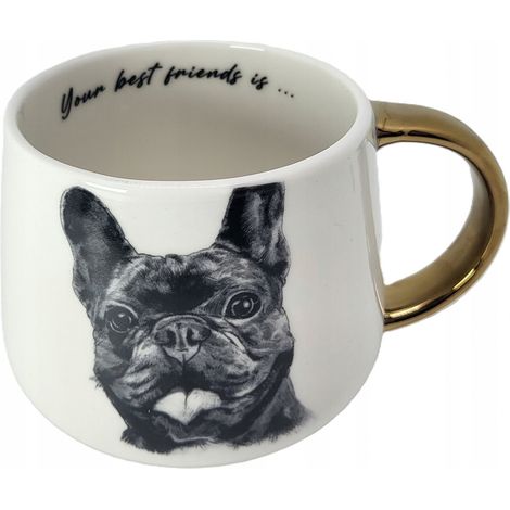 Taza grande exclusiva con detalles dorados y un motivo de bulldog francés. (1/5)