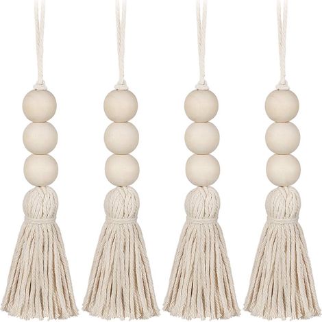 4Pcs Gland Perles en Bois Ferme Perles Glands Perles de Prière Naturelles Coton Ligne Décorative Tenture Murale Pompon Perle Pendentif pour Placard Armoire Porche