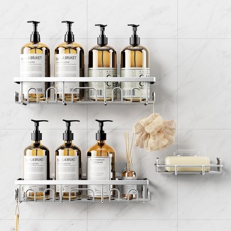 3 Pièces Étagère Douche, Acier Inoxydable Antirouille, Porte-Savons, Sans Percage, Salle de Bain (1/5)