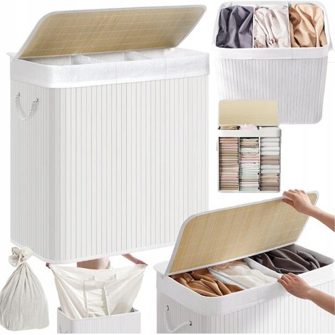 Cesto de ropa con 3 compartimentos. Cesto de ropa plegable con asa. 150 L. (1/5)