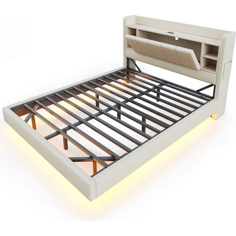 Lit rembourré 160 x 200 cm, avec prise USB et bande lumineuse, tête de lit réversible avec compartiments de rangement et étagères, cadre métallique robuste, tissu en lin, lit double beige (1/5)