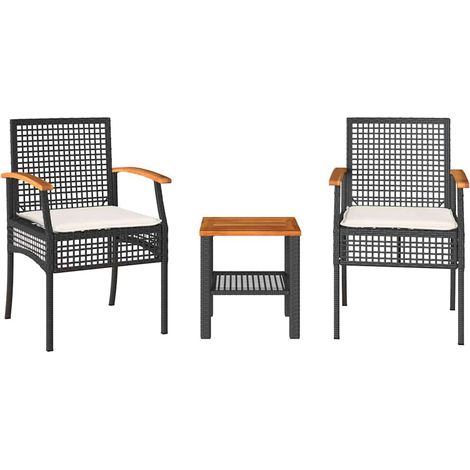 Ensemble de bistro 3 pcs Mobilier de jardin et coussins noir résine tressée acacia (1/5)