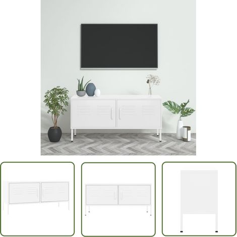 The Living Store TV-Schrank Weiß 105x35x50 cm Stahl - TV Schrank - Fernsehschränkchen - Weißes Fernsehregal - Metall TV Stand - Wohnzimmer Dekoration (1/5)