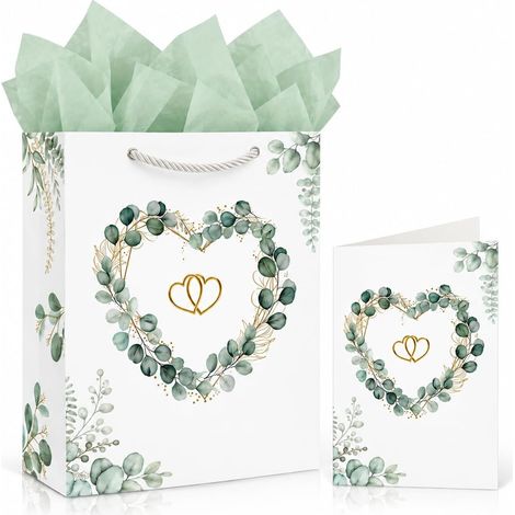 Sac Cadeau Mariage Vert Sauge avec Papier de Soie et Carte (1/5)