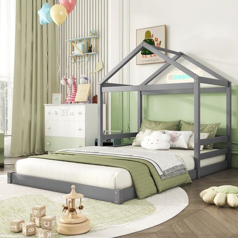 Lit cabane, 140 x 200 cm, lit enfant en forme de cabane avec sommier à lattes (matelas non inclus), en pin, style minimaliste, gris (1/5)