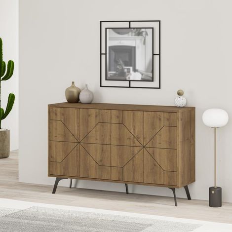 Madia Credenza Design Geometrico Moderno 123x77 cm con 4 Ante in Legno Rovere (1/4)
