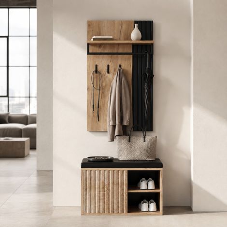 Schuhschrank mit Sitzbank, 2 Türen, 3 Haken, Schwarz und Natur, 70 x 36 x 146 cm OKMYHOME (1/5)