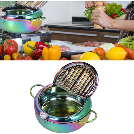 Friteuse en acier inoxydable avec thermomètre à huile, fond à double paroi, friteuse à tempura domestique aux couleurs irisées. (1/5)