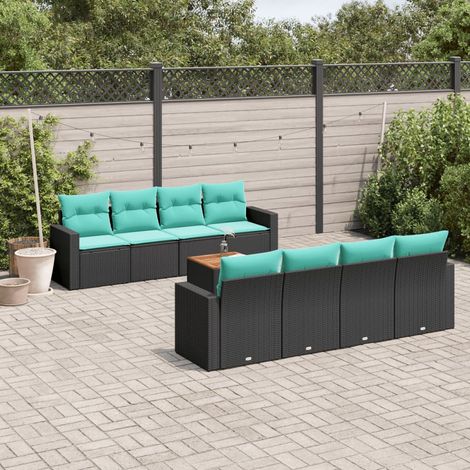 Salon de jardin 9 pièces avec rangement, résine tressée noire et coussins bleus, 74.6kg - PANGIVO (1/5)