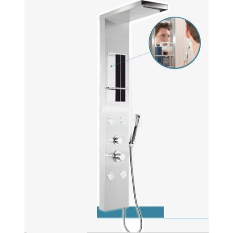 Pannello Doccia Multifunzione CITY 143x22 cm - Inox Satinato - Vano Portaoggetti + Specchio Cascata - Getti Orizzontali (1/5)