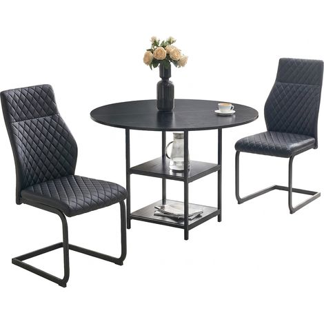Ensemble table à manger et 2 chaises, table ronde 107 cm avec double rangement, sièges blancs matelassés, style industriel (1/5)