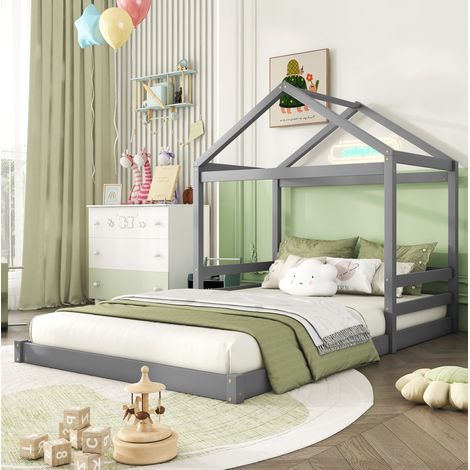 Lit cabane maison 140x200 enfant pin et MDF gris HAVRYA (1/5)