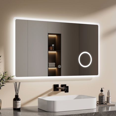 EMKE LED Badezimmerspiegel 100 x 60 cm, dimmbar, kaltweiß, mit 3x Vergrößerung, rechteckig (1/5)