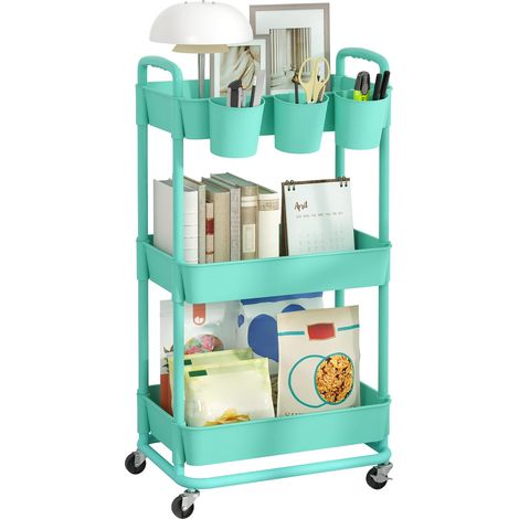 1 Chariot de rangement à 3 niveaux, Plateau en plastique, Structure en fer, Roues verrouillables, Pour cuisine et salle de bain (1/5)