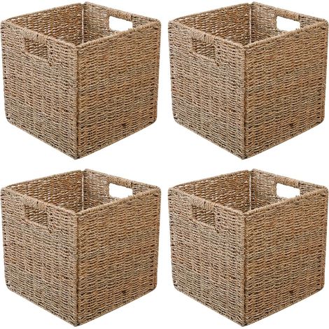 Lot de 4 paniers de rangement tressés pliables en osier pour le rangement - 28 x 28 x 28 cm - Panier de rangement stable avec poignées de transport pour étagères, garde-manger, salle de (1/5)