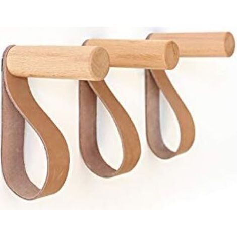Ganchos de pared de cuero, perchero de madera para colgar bolsos, toallas y abrigos, diseño escandinavo moderno (juego de 3) (1/4)