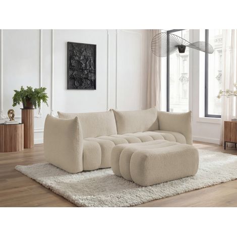 BOBOCHIC - Canapé droit fixe 4 places AZRA tissu bouclette avec pouf   Beige