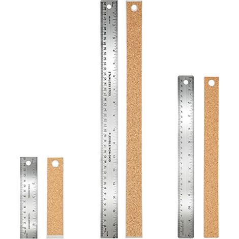 Ensemble de 3 règles métalliques avec dos en liège antidérapant, en acier inoxydable, pour étudiants et professionnels (mesures précises inch/cm, trou de suspension) (1/5)