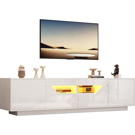 Mobile TV 180x40x45 cm, Lucido con Luci LED, 2 Cassetti e 2 Ante, Truciolato, Bianco, per Soggiorno e Camera (1/5)