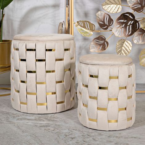 Pouf Contenitore Kasane, set da 2, Forma Rotondo, Colore Struttura oro, 37x37x42h cm Bianco Crema (1/5)