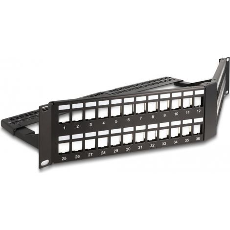 Delock Panel de conexiÃ³n Keystone de 19 48 puertos con protecciÃ³n contra tirones 2U en Ã¡ngulo, negro