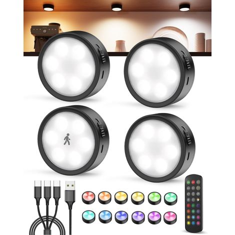 Lampe Placard RGB avec Detecteur de Mouvement, Spot LED Rechargeable 2400mAh, Télécommande, Magnétique, Couleurs, Eclairage Escalier Sans Fil pour Vitrine, Cuisine Sous Meuble, Armoire, Couloir (1/5)