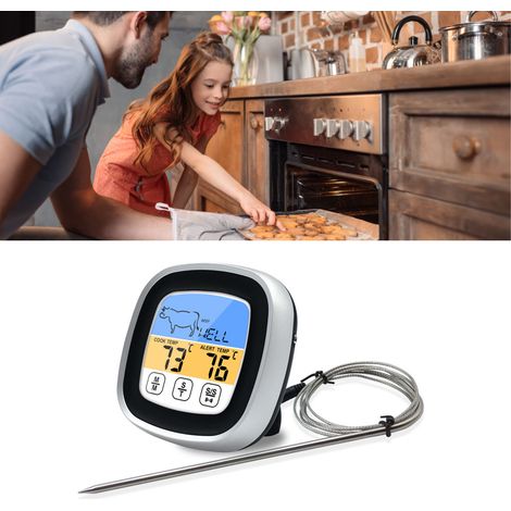 Thermomètre numérique à minuterie tactile en acier inoxydable noir, idéal pour la cuisine et le barbecue. (1/5)